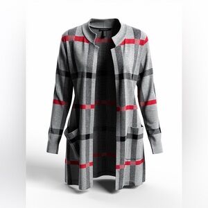 Tahari Gray and Red Open Front Cardigan